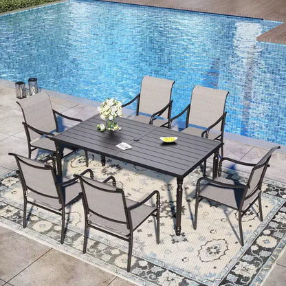 Captiva Designs Set da pranzo da esterno 7 pezzi con tavolo rettangolare con piano a doghe e sedie fisse in textilene grigio