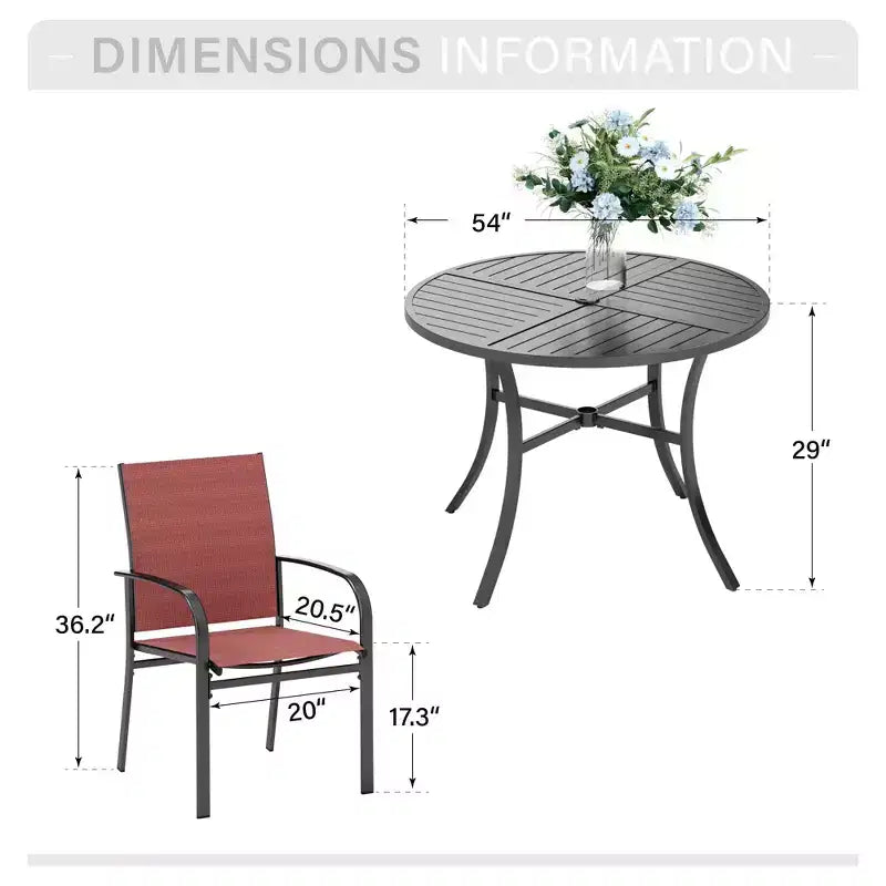 Captiva Designs Set 7 pezzi Tavolo Tondo in Acciaio Nero a Doghe con Foro per Ombrellone e Sedie in Textilene