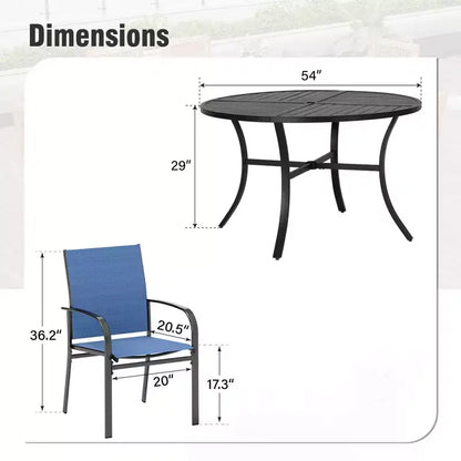 Captiva Designs Set 7 pezzi Tavolo Tondo in Acciaio Nero a Doghe con Foro per Ombrellone e Sedie in Textilene