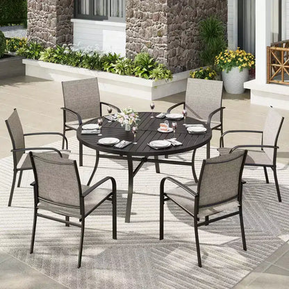 Captiva Designs Set 7 pezzi Tavolo Tondo in Acciaio Nero a Doghe con Foro per Ombrellone e Sedie in Textilene