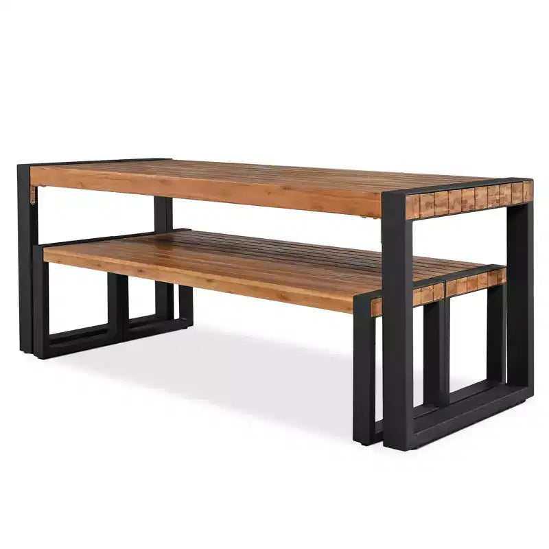 Ensemble table de salle à manger d'extérieur résistant aux intempéries Whisen avec 2 bancs, ensemble de mobilier de patio avec texture de surface unique, plateau en bois d'acacia et cadre en acier - Naturel
