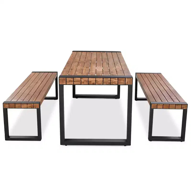 Ensemble table de salle à manger d'extérieur résistant aux intempéries Whisen avec 2 bancs, ensemble de mobilier de patio avec texture de surface unique, plateau en bois d'acacia et cadre en acier - Naturel