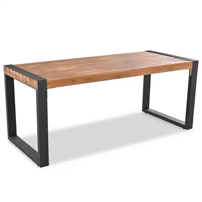 Ensemble table de salle à manger d'extérieur résistant aux intempéries Whisen avec 2 bancs, ensemble de mobilier de patio avec texture de surface unique, plateau en bois d'acacia et cadre en acier - Naturel