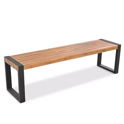 Ensemble table de salle à manger d'extérieur résistant aux intempéries Whisen avec 2 bancs, ensemble de mobilier de patio avec texture de surface unique, plateau en bois d'acacia et cadre en acier - Naturel
