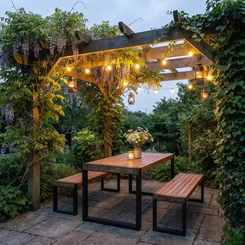Ensemble table de salle à manger d'extérieur résistant aux intempéries Whisen avec 2 bancs, ensemble de mobilier de patio avec texture de surface unique, plateau en bois d'acacia et cadre en acier - Naturel