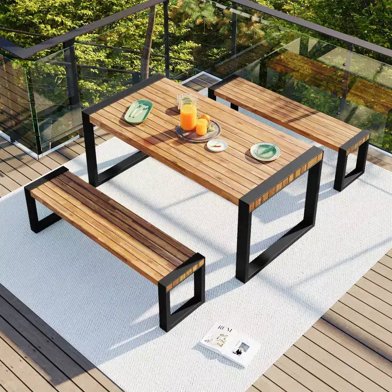 Ensemble table de salle à manger d'extérieur résistant aux intempéries Whisen avec 2 bancs, ensemble de mobilier de patio avec texture de surface unique, plateau en bois d'acacia et cadre en acier - Naturel