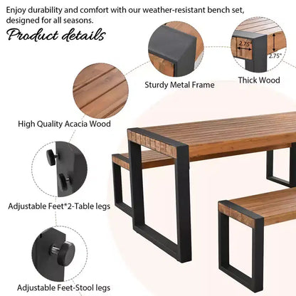 Ensemble table de salle à manger d'extérieur résistant aux intempéries Whisen avec 2 bancs, ensemble de mobilier de patio avec texture de surface unique, plateau en bois d'acacia et cadre en acier - Naturel
