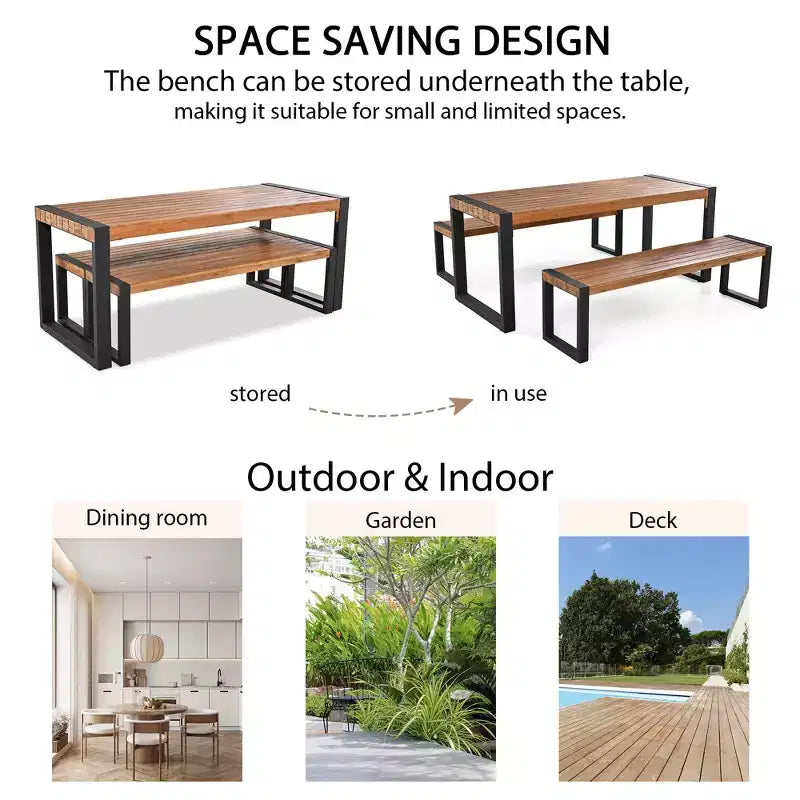 Ensemble table de salle à manger d'extérieur résistant aux intempéries Whisen avec 2 bancs, ensemble de mobilier de patio avec texture de surface unique, plateau en bois d'acacia et cadre en acier - Naturel