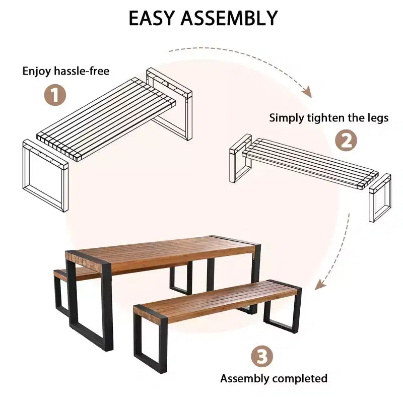 Ensemble table de salle à manger d'extérieur résistant aux intempéries Whisen avec 2 bancs, ensemble de mobilier de patio avec texture de surface unique, plateau en bois d'acacia et cadre en acier - Naturel