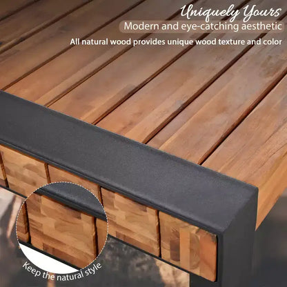 Ensemble table de salle à manger d'extérieur résistant aux intempéries Whisen avec 2 bancs, ensemble de mobilier de patio avec texture de surface unique, plateau en bois d'acacia et cadre en acier - Naturel