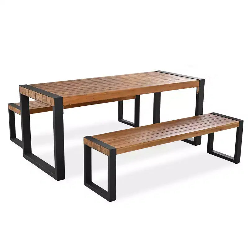 Ensemble table de salle à manger d'extérieur résistant aux intempéries Whisen avec 2 bancs, ensemble de mobilier de patio avec texture de surface unique, plateau en bois d'acacia et cadre en acier - Naturel