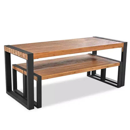 Ensemble table de salle à manger d'extérieur résistant aux intempéries Whisen avec 2 bancs, ensemble de mobilier de patio avec texture de surface unique, plateau en bois d'acacia et cadre en acier - Naturel