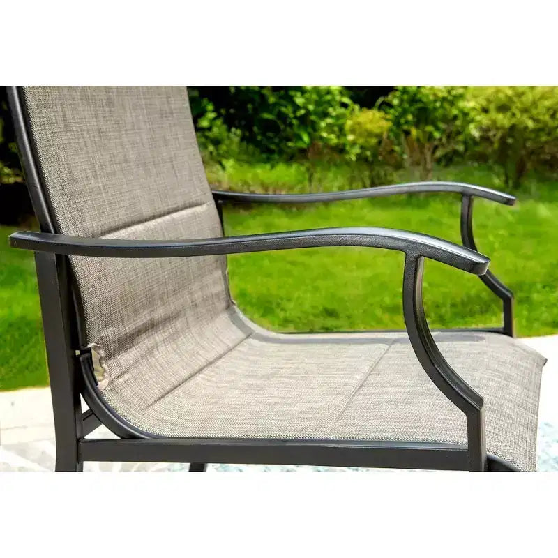 Captiva Designs Salon de jardin 7 pièces avec table ronde à lattes en acier noir avec trou pour parasol et chaises en textilène marron-gris