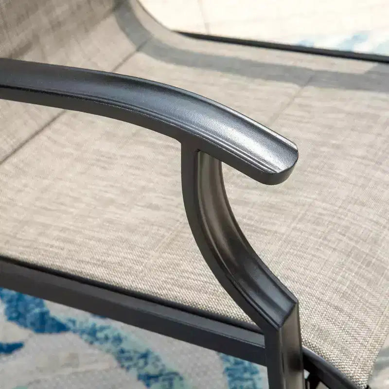 Captiva Designs Salon de jardin 7 pièces avec table ronde à lattes en acier noir avec trou pour parasol et chaises en textilène marron-gris