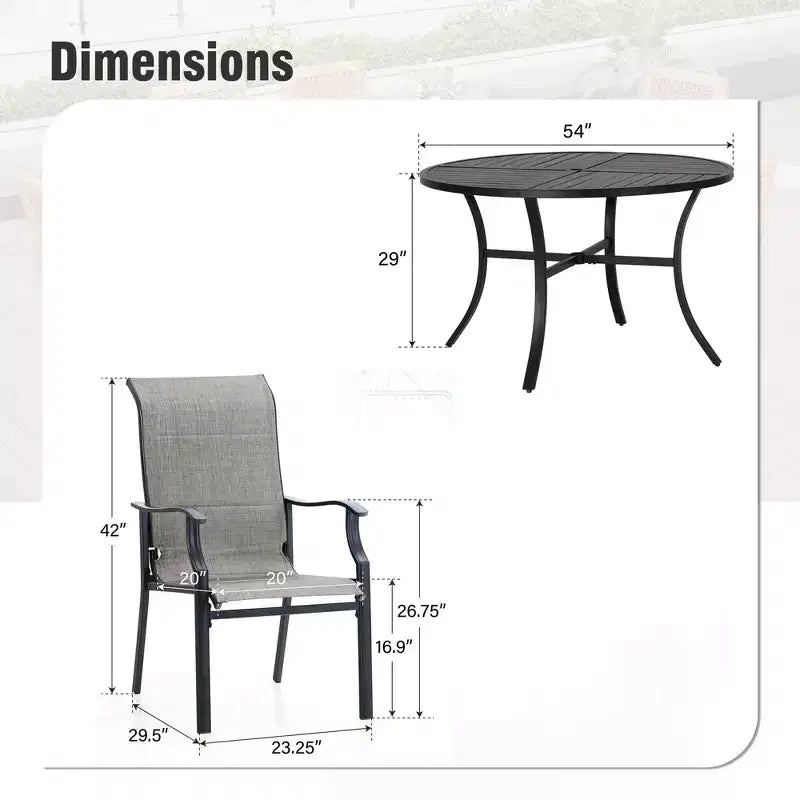 Captiva Designs Salon de jardin 7 pièces avec table ronde à lattes en acier noir avec trou pour parasol et chaises en textilène marron-gris
