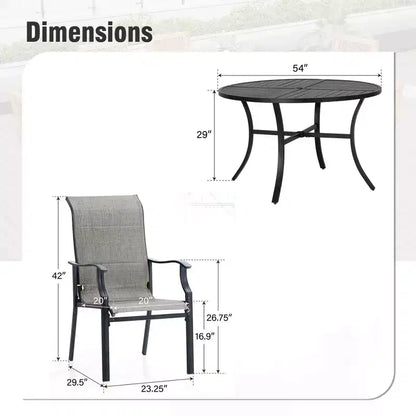 Captiva Designs Salon de jardin 7 pièces avec table ronde à lattes en acier noir avec trou pour parasol et chaises en textilène marron-gris