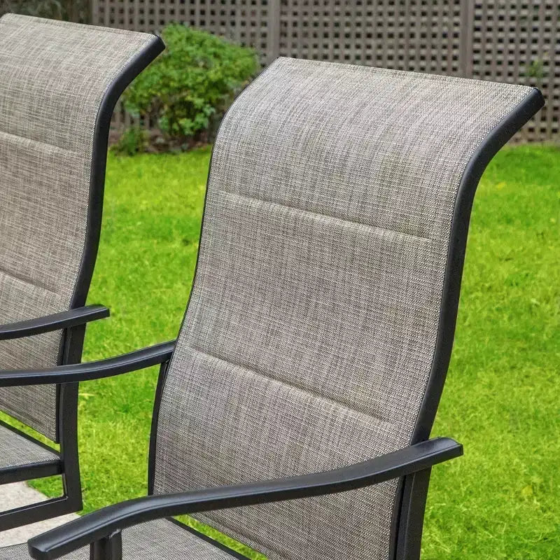 Captiva Designs Salon de jardin 7 pièces avec table ronde à lattes en acier noir avec trou pour parasol et chaises en textilène marron-gris