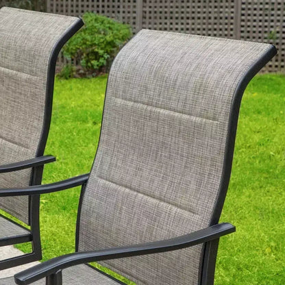 Captiva Designs Salon de jardin 7 pièces avec table ronde à lattes en acier noir avec trou pour parasol et chaises en textilène marron-gris