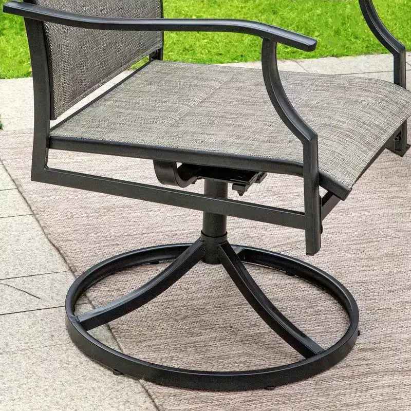 Captiva Designs Salon de jardin 7 pièces avec table ronde à lattes en acier noir avec trou pour parasol et chaises en textilène marron-gris