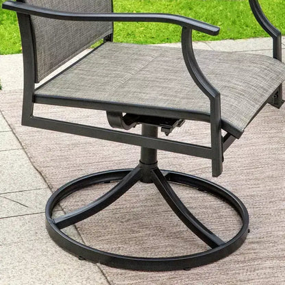 Captiva Designs Salon de jardin 7 pièces avec table ronde à lattes en acier noir avec trou pour parasol et chaises en textilène marron-gris