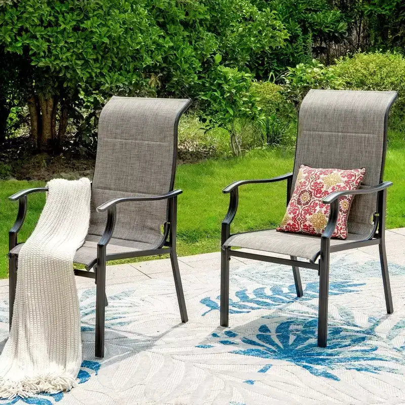 Captiva Designs Salon de jardin 7 pièces avec table ronde à lattes en acier noir avec trou pour parasol et chaises en textilène marron-gris