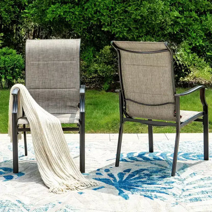 Captiva Designs Salon de jardin 7 pièces avec table ronde à lattes en acier noir avec trou pour parasol et chaises en textilène marron-gris