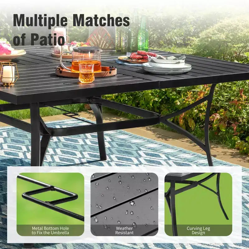 Captiva Designs Ensemble 9 pièces Table carrée spacieuse à lattes en métal avec trou pour parasol et chaises pliantes inclinables en textilène