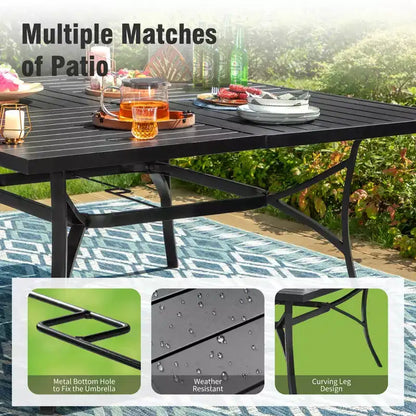 Captiva Designs Ensemble 9 pièces Table carrée spacieuse à lattes en métal avec trou pour parasol et chaises pliantes inclinables en textilène