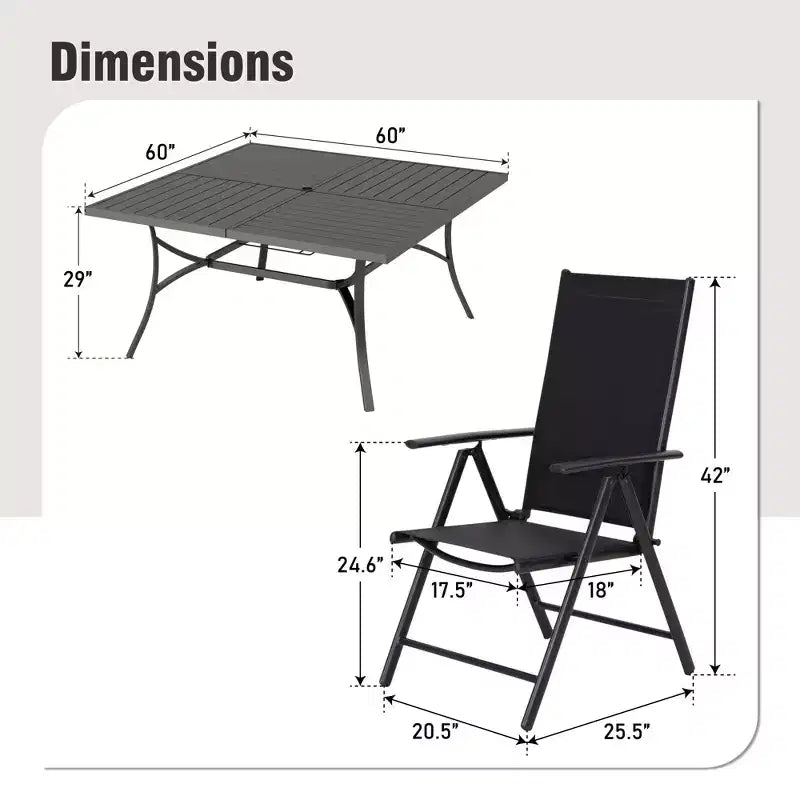Captiva Designs Ensemble 9 pièces Table carrée spacieuse à lattes en métal avec trou pour parasol et chaises pliantes inclinables en textilène