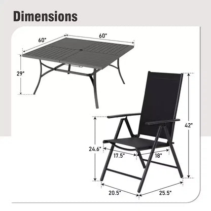 Captiva Designs Ensemble 9 pièces Table carrée spacieuse à lattes en métal avec trou pour parasol et chaises pliantes inclinables en textilène