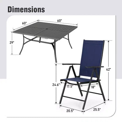 Captiva Designs Ensemble 9 pièces Table carrée spacieuse à lattes en métal avec trou pour parasol et chaises pliantes inclinables en textilène
