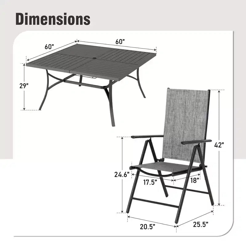 Captiva Designs Ensemble 9 pièces Table carrée spacieuse à lattes en métal avec trou pour parasol et chaises pliantes inclinables en textilène