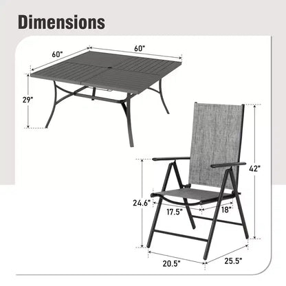 Captiva Designs Ensemble 9 pièces Table carrée spacieuse à lattes en métal avec trou pour parasol et chaises pliantes inclinables en textilène