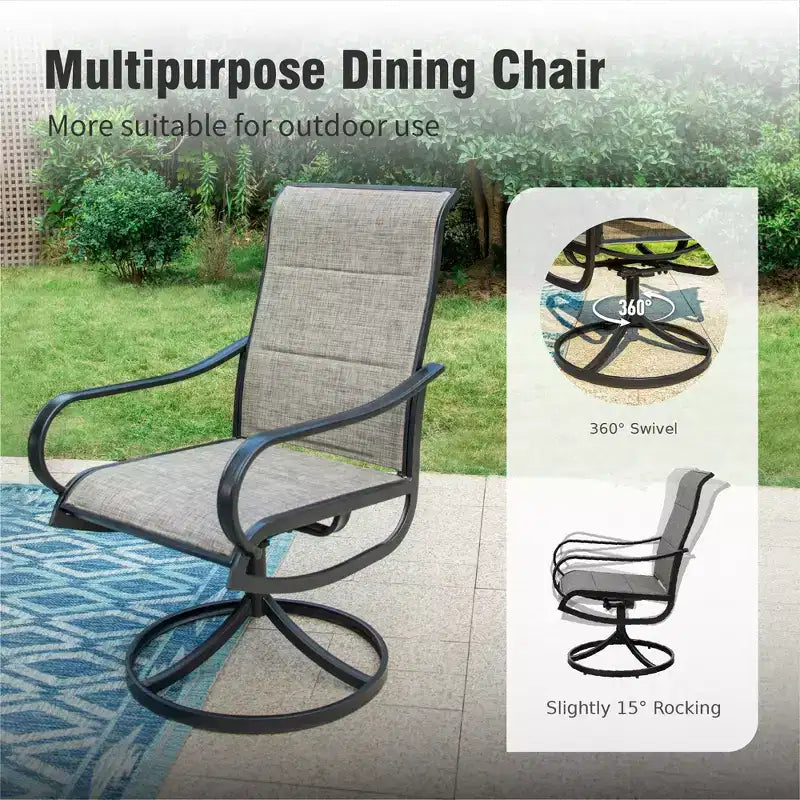 Captiva Designs set da 9 pezzi con ampio tavolo quadrato in metallo con piano a doghe e foro per ombrellone, e sedie girevoli in Textilene imbottite