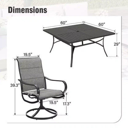 Captiva Designs set da 9 pezzi con ampio tavolo quadrato in metallo con piano a doghe e foro per ombrellone, e sedie girevoli in Textilene imbottite