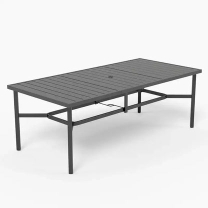 Captiva Designs, set di 9 pz con ampio tavolo rettangolare in metallo con piano a doghe e foro per ombrellone e sedie reclinabili pieghevoli in Textilene