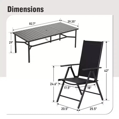 Captiva Designs, set di 9 pz con ampio tavolo rettangolare in metallo con piano a doghe e foro per ombrellone e sedie reclinabili pieghevoli in Textilene