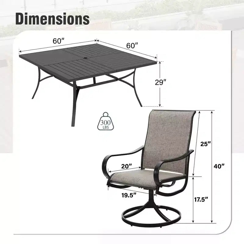 Captiva Designs – Salon de jardin spacieux 9 pièces composé d'une table carrée en métal à lattes avec trou pour parasol et de fauteuils pivotants en textilène