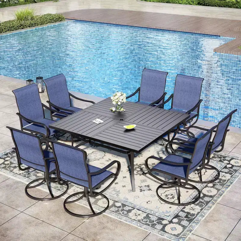 Captiva Designs – Salon de jardin spacieux 9 pièces composé d'une table carrée en métal à lattes avec trou pour parasol et de fauteuils pivotants en textilène