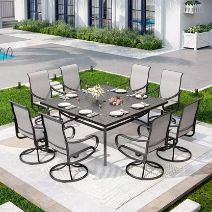 Captiva Designs – Salon de jardin spacieux 9 pièces composé d'une table carrée en métal à lattes avec trou pour parasol et de fauteuils pivotants en textilène