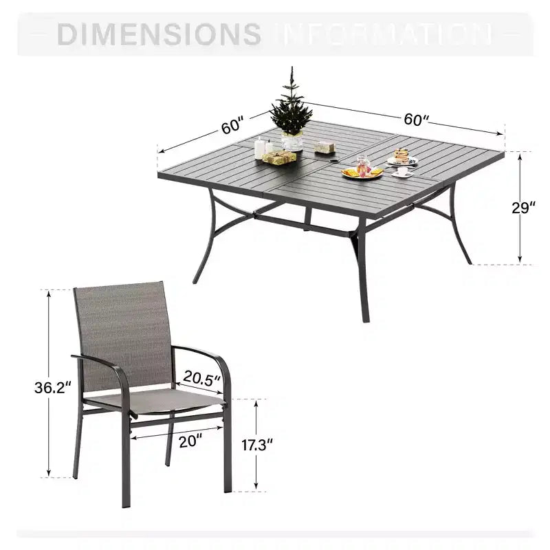 Captiva Designs Tavolo Quadrato in Metallo con Piano a Doghe Ampio e Foro per Ombrellone e Sedie Fisse da Pranzo in Textilene, Set da 9 Pezzi