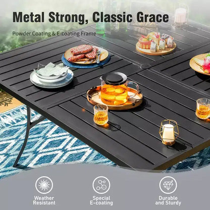 Captiva Designs Tavolo Quadrato in Metallo con Piano a Doghe Ampio e Foro per Ombrellone e Sedie Fisse da Pranzo in Textilene, Set da 9 Pezzi