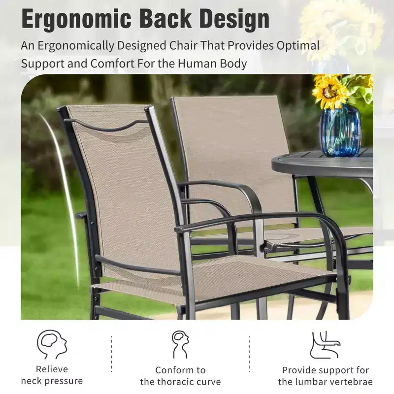 Captiva Designs Tavolo Quadrato in Metallo con Piano a Doghe Ampio e Foro per Ombrellone e Sedie Fisse da Pranzo in Textilene, Set da 9 Pezzi