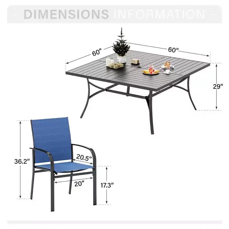 Captiva Designs Tavolo Quadrato in Metallo con Piano a Doghe Ampio e Foro per Ombrellone e Sedie Fisse da Pranzo in Textilene, Set da 9 Pezzi