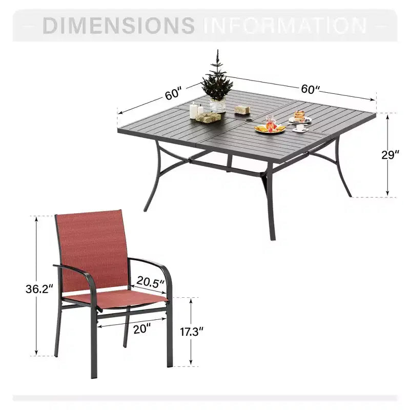 Captiva Designs Tavolo Quadrato in Metallo con Piano a Doghe Ampio e Foro per Ombrellone e Sedie Fisse da Pranzo in Textilene, Set da 9 Pezzi