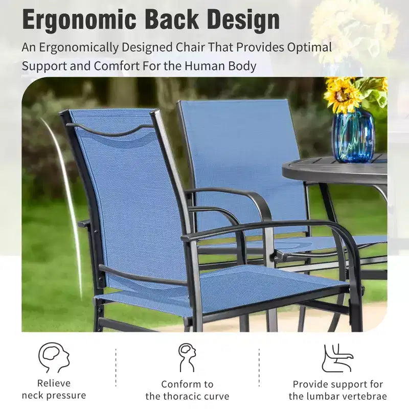 Captiva Designs Tavolo Quadrato in Metallo con Piano a Doghe Ampio e Foro per Ombrellone e Sedie Fisse da Pranzo in Textilene, Set da 9 Pezzi