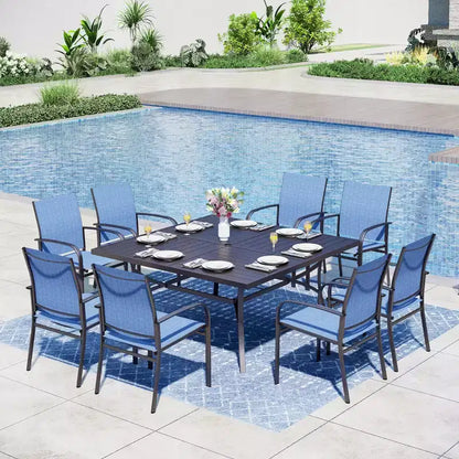 Captiva Designs Tavolo Quadrato in Metallo con Piano a Doghe Ampio e Foro per Ombrellone e Sedie Fisse da Pranzo in Textilene, Set da 9 Pezzi