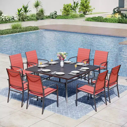 Captiva Designs Tavolo Quadrato in Metallo con Piano a Doghe Ampio e Foro per Ombrellone e Sedie Fisse da Pranzo in Textilene, Set da 9 Pezzi