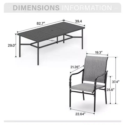 Captiva Designs Ensemble de 9 pièces, table rectangulaire spacieuse en métal à lattes avec trou pour parasol et chaises fixes en acier avec accoudoirs en forme de calebasse.
