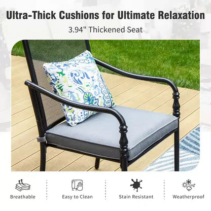 Captiva Designs Ensemble de 9 pièces, table rectangulaire spacieuse en métal à lattes avec trou pour parasol et chaises fixes en acier avec accoudoirs en forme de calebasse.